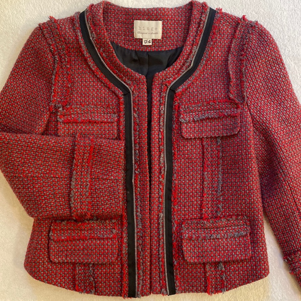 Hinge red/gray wool blend cropped tweed boxy jacket Sz S